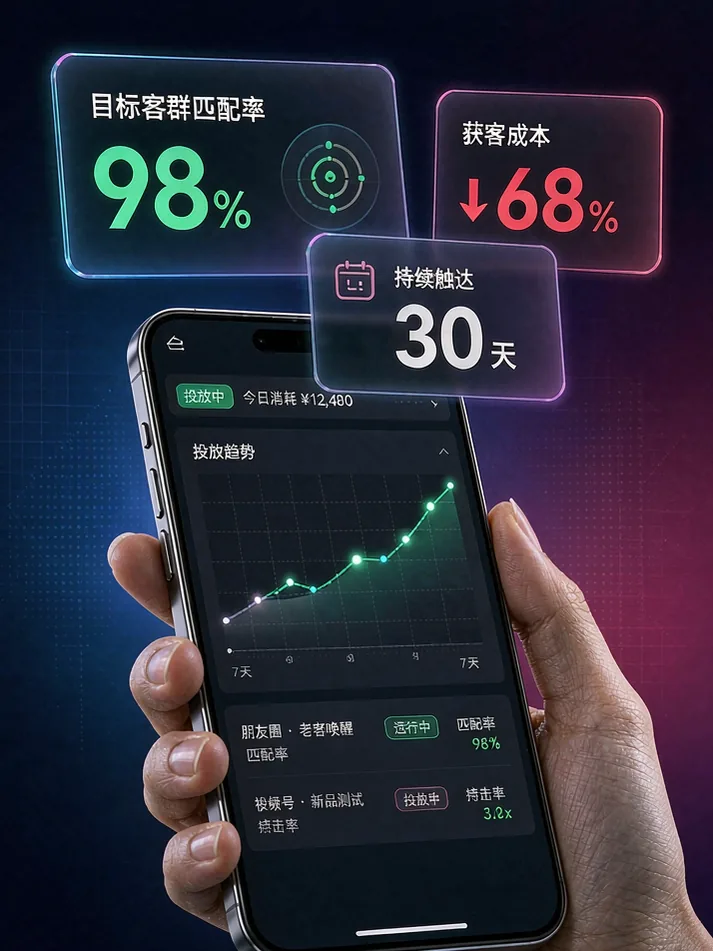 手持手机展示投放管理后台与核心数据指标的界面示意