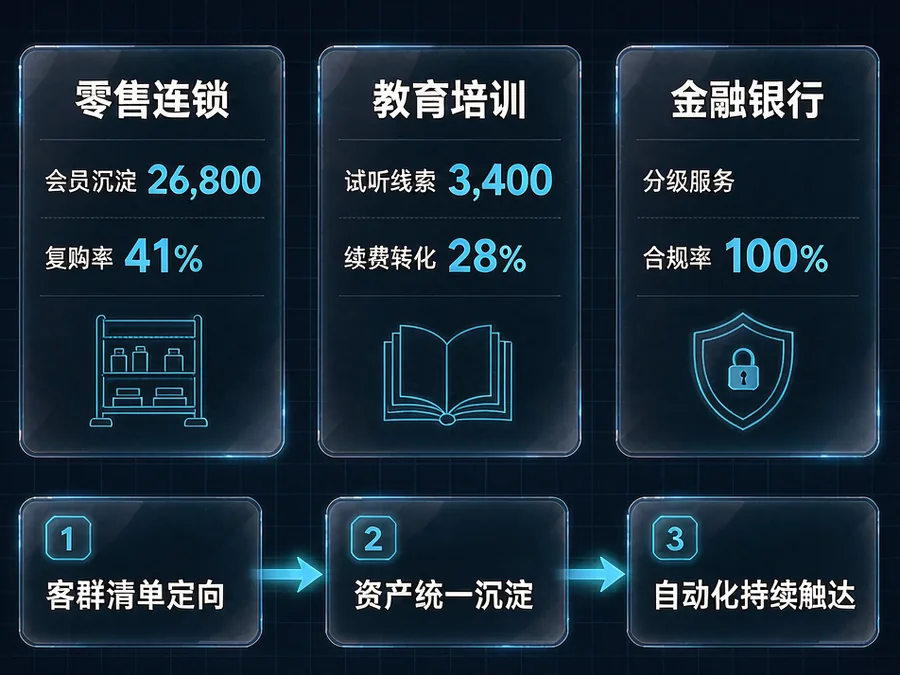 零售、教育、金融三行业方案卡片与三步走增长流程